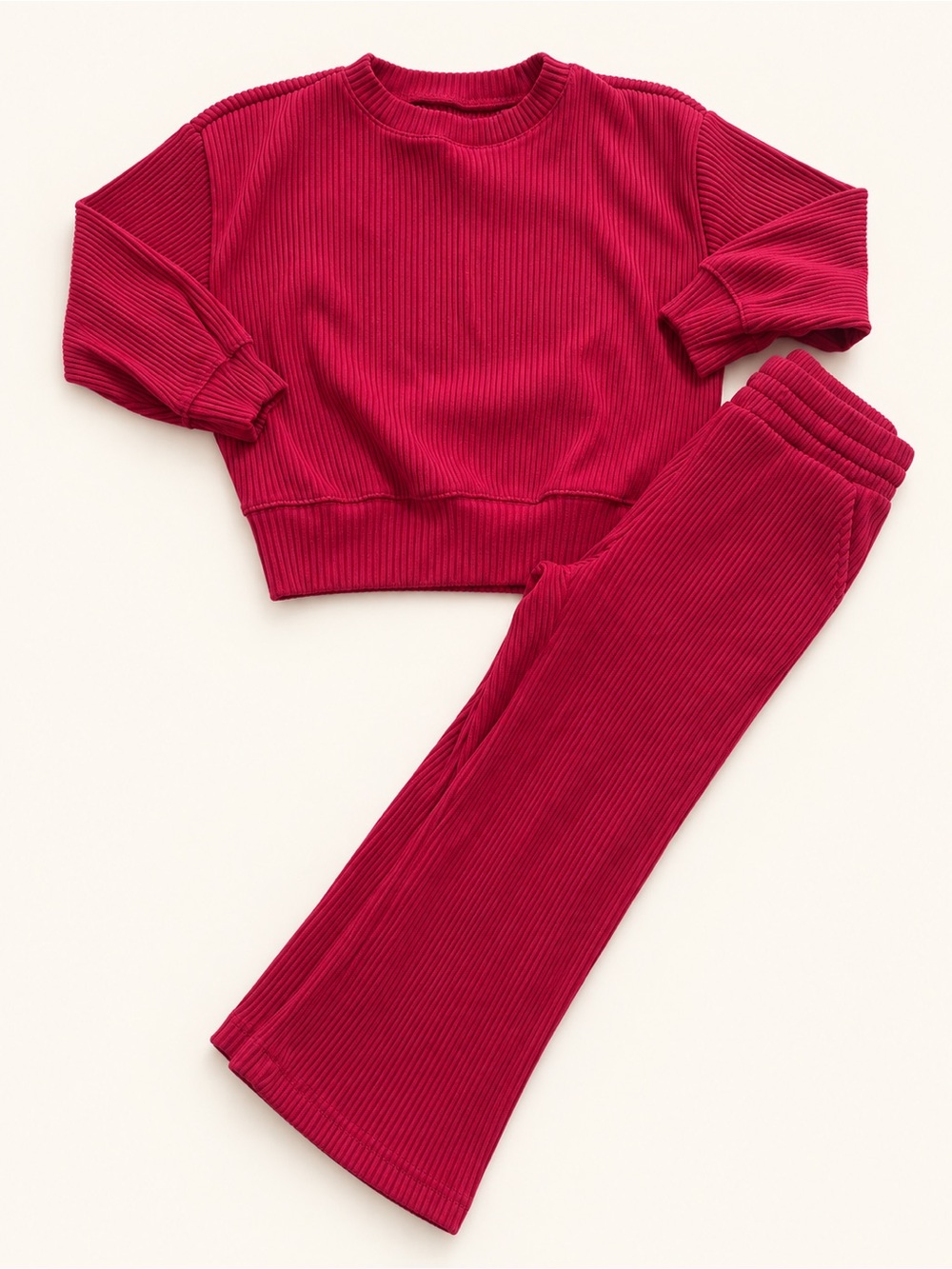 Kids Ribbed Sweatshirt & Pants Set - Fushia